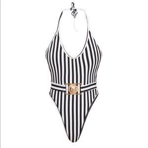 Black Mono Stripe Lion Belted Swimsuit